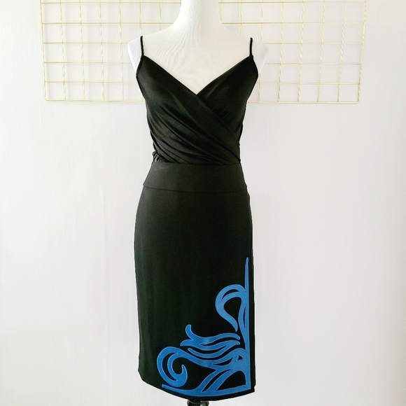 Carlisle Viscose Blend Blue Genuine Leather Detail Black Pencil Skirt - Picture 2 of 10